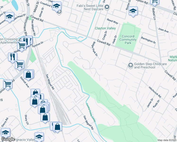 map of restaurants, bars, coffee shops, grocery stores, and more near 938 Ridge Drive in Concord
