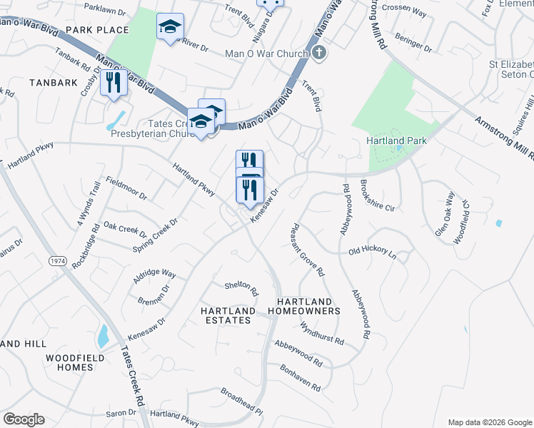 map of restaurants, bars, coffee shops, grocery stores, and more near 3828 Kenesaw Drive in Lexington