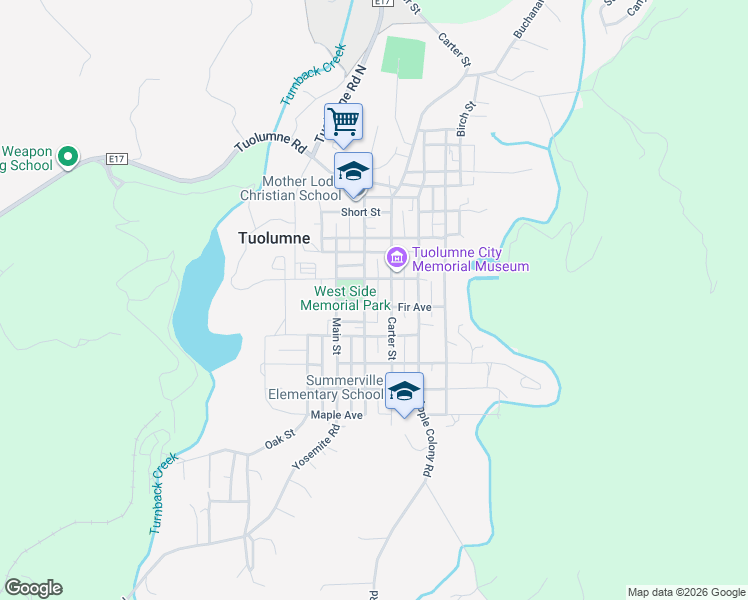 map of restaurants, bars, coffee shops, grocery stores, and more near 18603 Pine St in Tuolumne