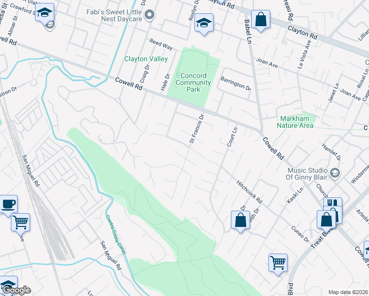 map of restaurants, bars, coffee shops, grocery stores, and more near 3698 Liscome Way in Concord