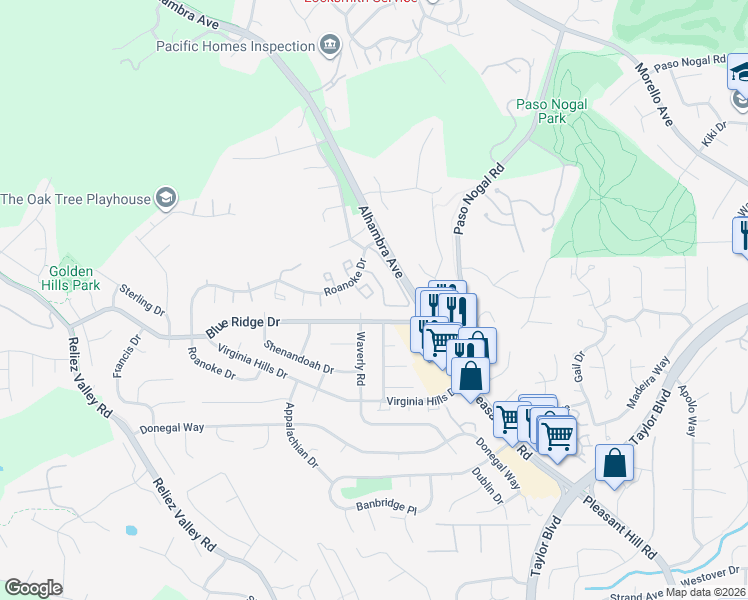 map of restaurants, bars, coffee shops, grocery stores, and more near 210 Oak Manor Plaza in Martinez