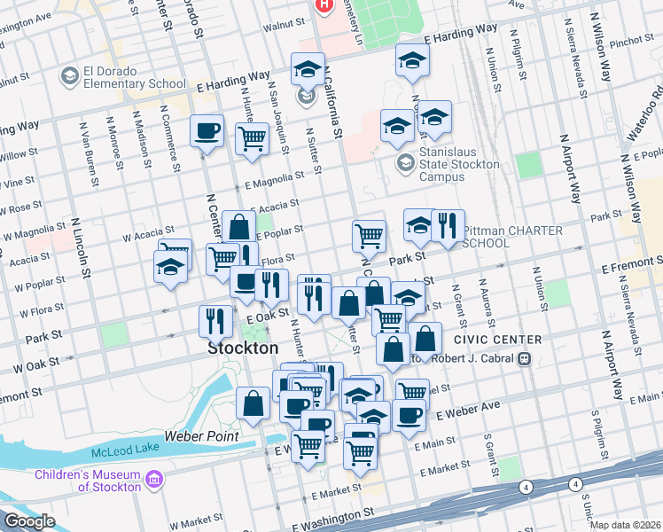map of restaurants, bars, coffee shops, grocery stores, and more near 327 East Park Street in Stockton