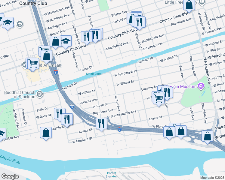 map of restaurants, bars, coffee shops, grocery stores, and more near 1324 Carlton Avenue in Stockton