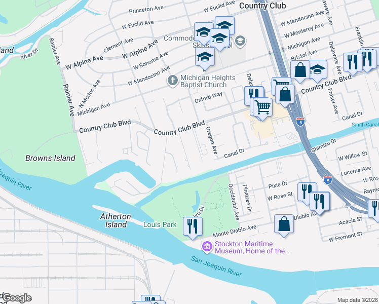 map of restaurants, bars, coffee shops, grocery stores, and more near 2206 Idaho Avenue in Stockton