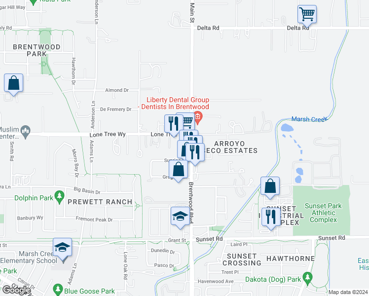 map of restaurants, bars, coffee shops, grocery stores, and more near 6571 Brentwood Boulevard in Brentwood