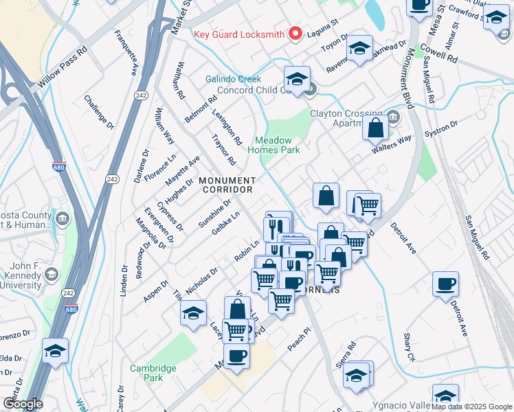 map of restaurants, bars, coffee shops, grocery stores, and more near 2020 Riley Court in Concord