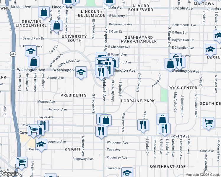 map of restaurants, bars, coffee shops, grocery stores, and more near in Evansville