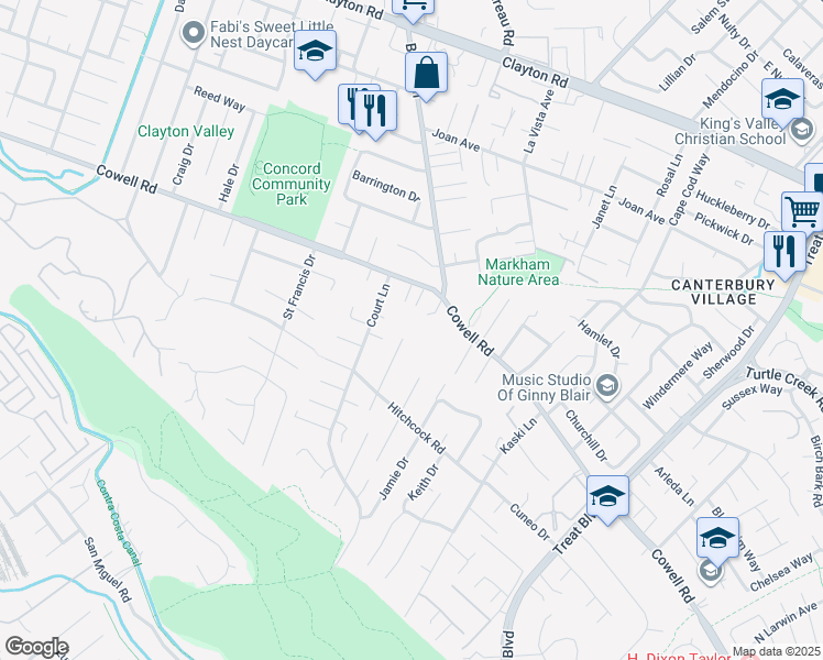 map of restaurants, bars, coffee shops, grocery stores, and more near 1170 Sunrise Hill in Concord