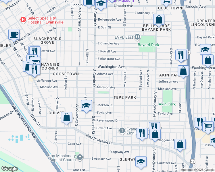 map of restaurants, bars, coffee shops, grocery stores, and more near 640 Madison Avenue in Evansville