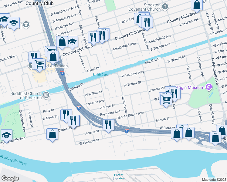 map of restaurants, bars, coffee shops, grocery stores, and more near 1327 Pelem Court in Stockton
