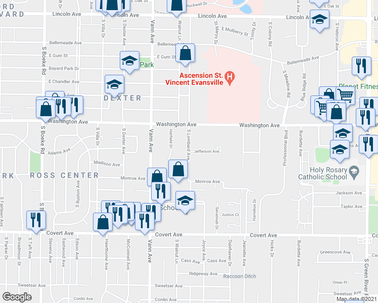 map of restaurants, bars, coffee shops, grocery stores, and more near 3501 Jefferson Avenue in Evansville