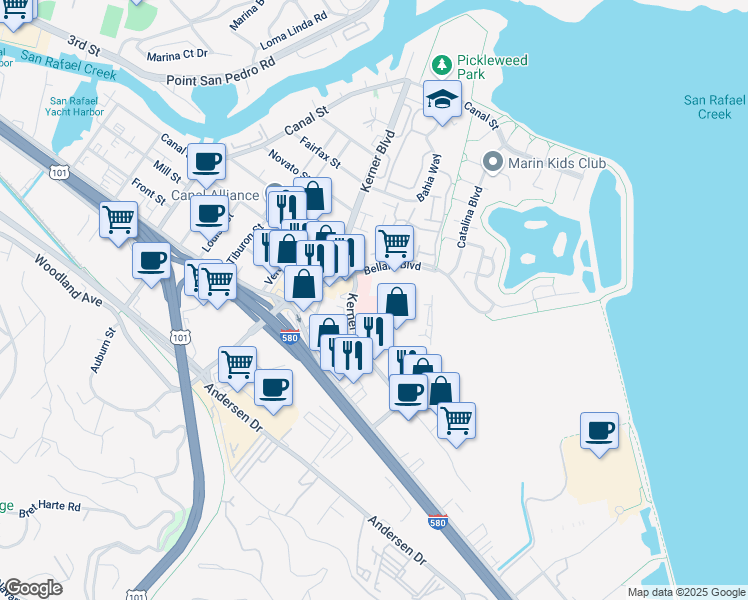 map of restaurants, bars, coffee shops, grocery stores, and more near 3253 Kerner Boulevard in San Rafael