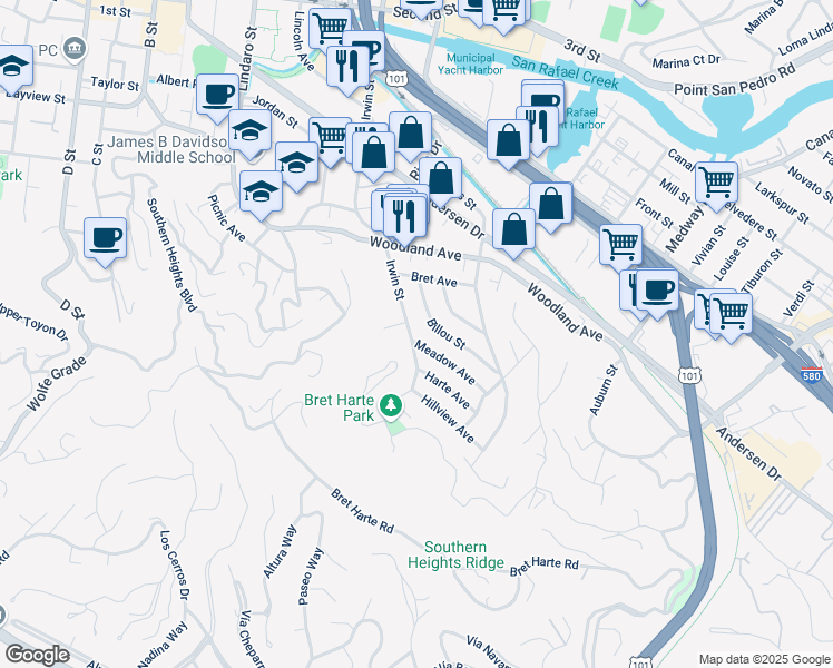 map of restaurants, bars, coffee shops, grocery stores, and more near 330 Irwin Street in San Rafael