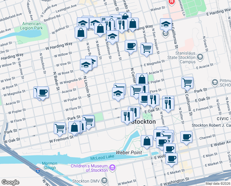 map of restaurants, bars, coffee shops, grocery stores, and more near 817 North Madison Street in Stockton