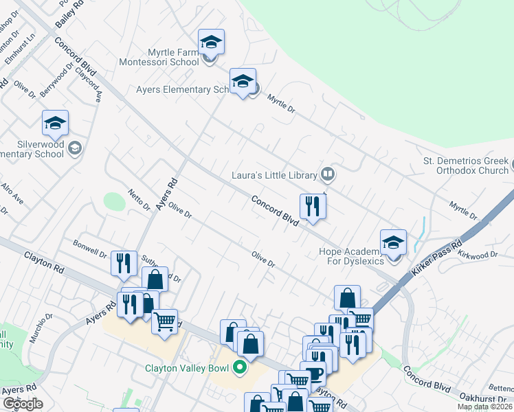 map of restaurants, bars, coffee shops, grocery stores, and more near 5200 Concord Boulevard in Concord