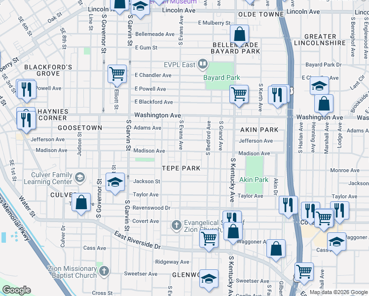 map of restaurants, bars, coffee shops, grocery stores, and more near 802 Madison Avenue in Evansville
