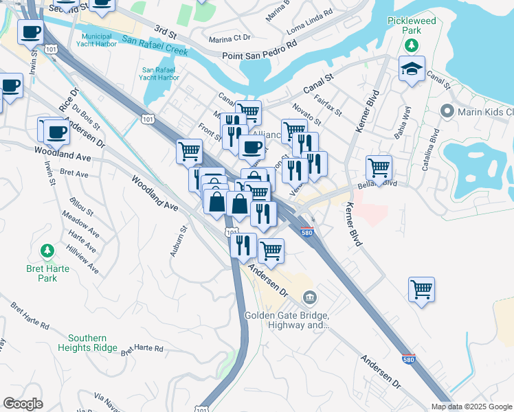map of restaurants, bars, coffee shops, grocery stores, and more near in San Rafael