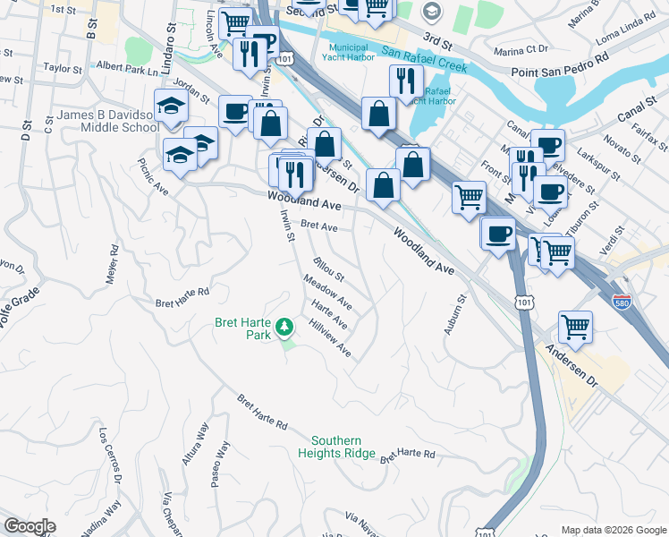 map of restaurants, bars, coffee shops, grocery stores, and more near 50 Billou Street in San Rafael