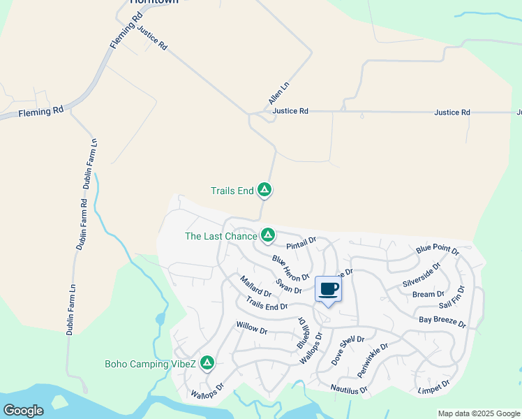 map of restaurants, bars, coffee shops, grocery stores, and more near Trails End Drive in Horntown