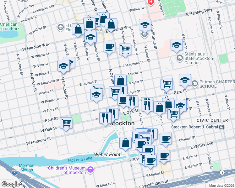 map of restaurants, bars, coffee shops, grocery stores, and more near 808 North Center Street in Stockton