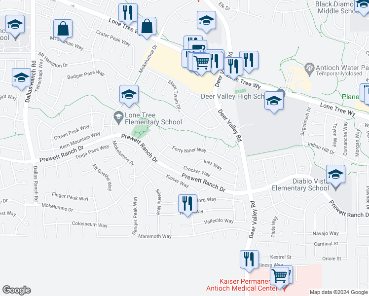 map of restaurants, bars, coffee shops, grocery stores, and more near 2421 Forty Niner Way in Antioch
