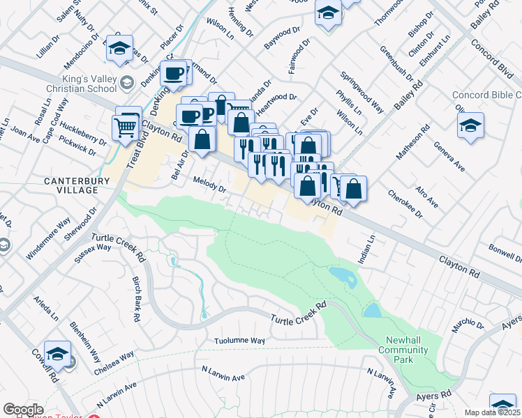 map of restaurants, bars, coffee shops, grocery stores, and more near 4640 Melody Drive in Concord