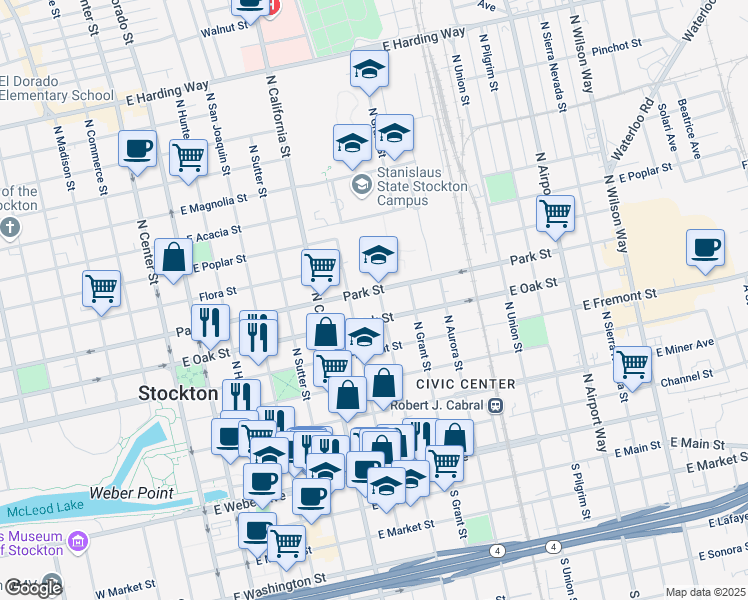 map of restaurants, bars, coffee shops, grocery stores, and more near 639 North Stanislaus Street in Stockton