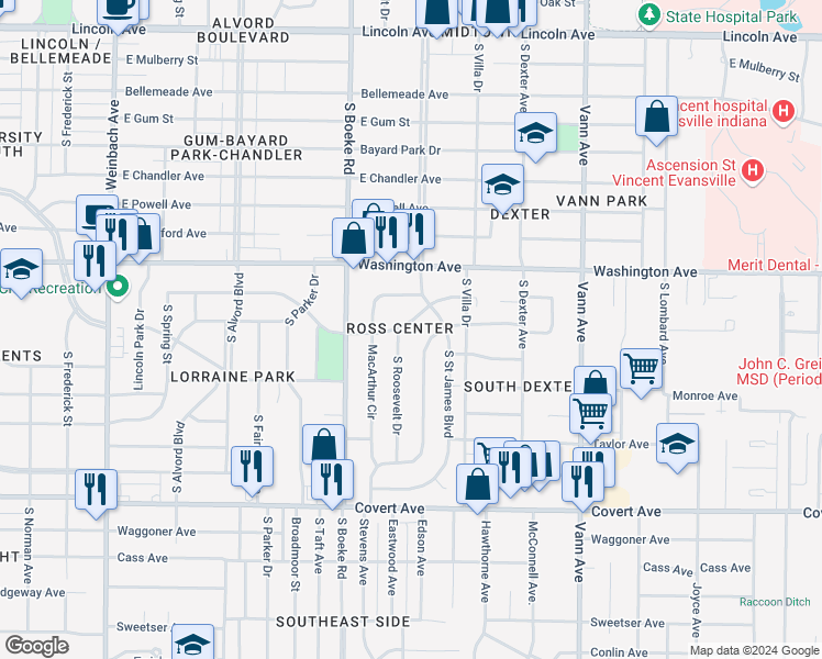 map of restaurants, bars, coffee shops, grocery stores, and more near 2519 Adams Avenue in Evansville