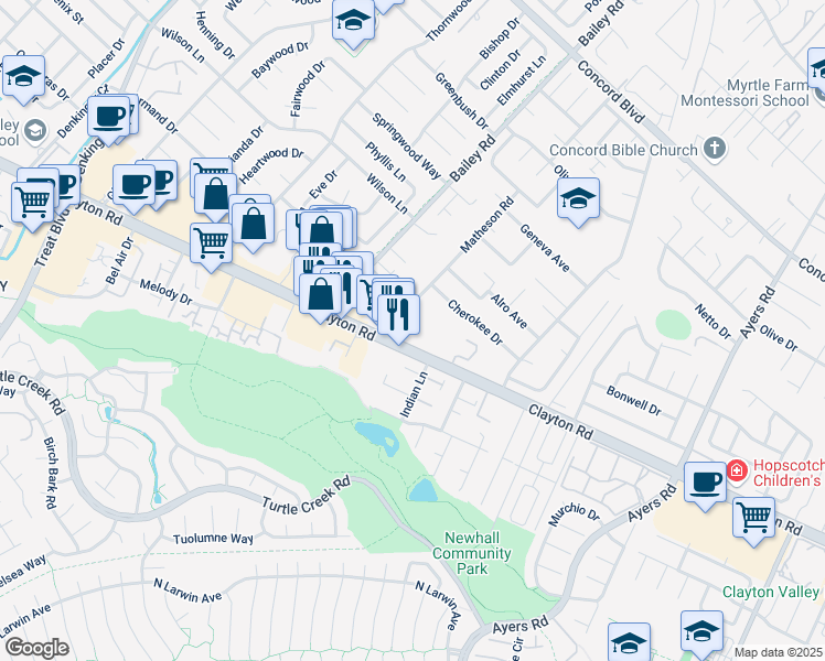 map of restaurants, bars, coffee shops, grocery stores, and more near 1524 Matheson Road in Concord