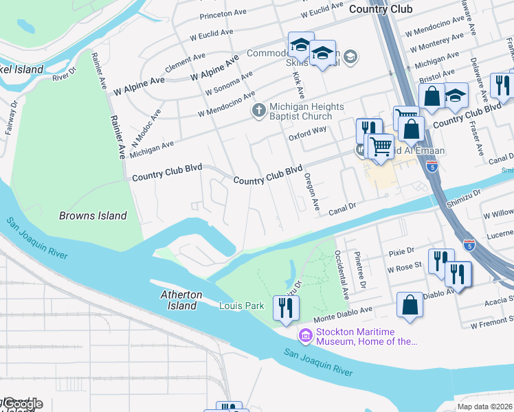 map of restaurants, bars, coffee shops, grocery stores, and more near 3287 Moreing Court in Stockton