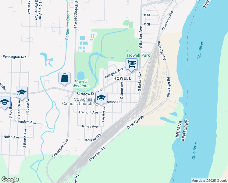 map of restaurants, bars, coffee shops, grocery stores, and more near 3123 Dearborn St in Evansville