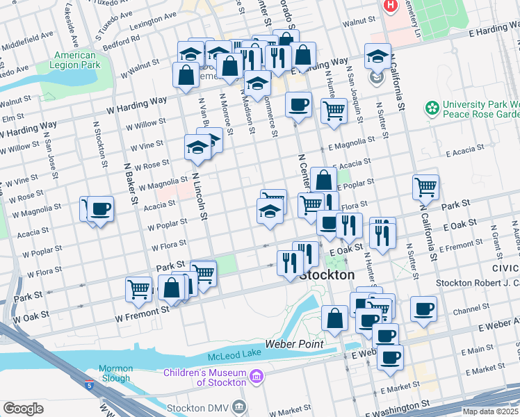 map of restaurants, bars, coffee shops, grocery stores, and more near 224 West Poplar Street in Stockton