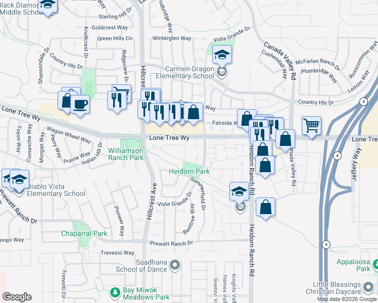 map of restaurants, bars, coffee shops, grocery stores, and more near 5127 Plumwood Way in Antioch