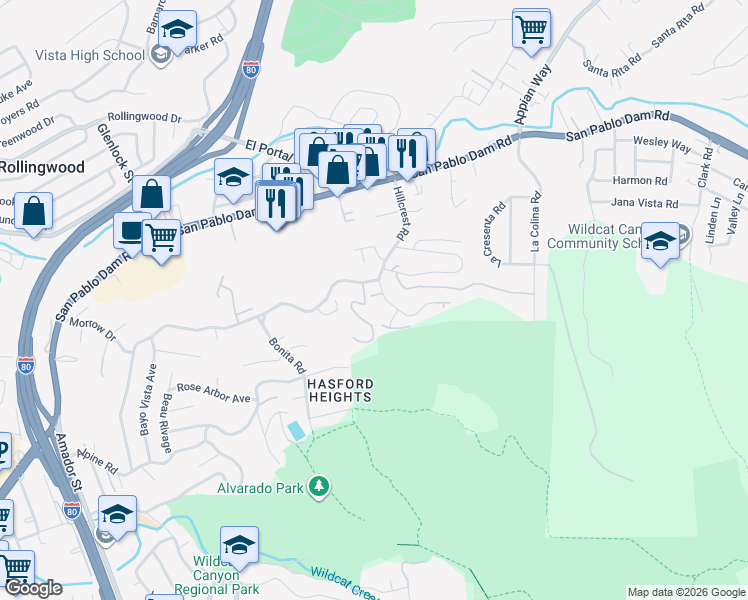 map of restaurants, bars, coffee shops, grocery stores, and more near 7 Canary Lane in El Sobrante
