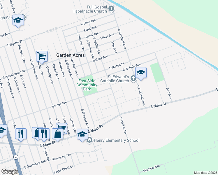 map of restaurants, bars, coffee shops, grocery stores, and more near 630 South Walker Lane in Stockton