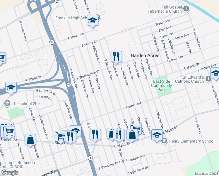 map of restaurants, bars, coffee shops, grocery stores, and more near 357 Adelbert Avenue in Stockton