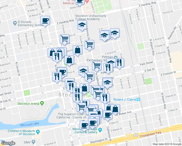 map of restaurants, bars, coffee shops, grocery stores, and more near 425 East Park Street in Stockton