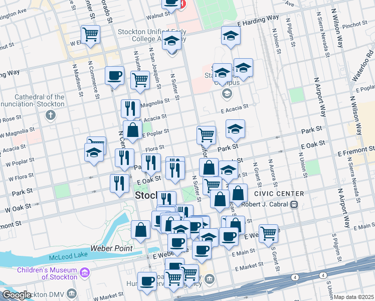 map of restaurants, bars, coffee shops, grocery stores, and more near 327 East Park Street in Stockton