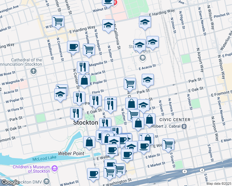 map of restaurants, bars, coffee shops, grocery stores, and more near 327 East Park Street in Stockton