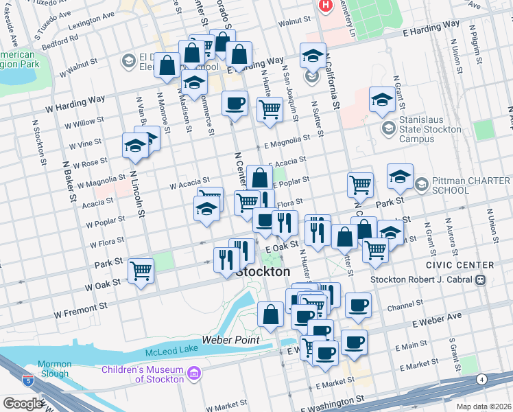 map of restaurants, bars, coffee shops, grocery stores, and more near 808 North Center Street in Stockton
