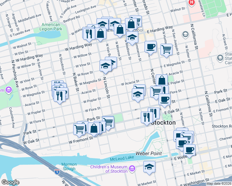 map of restaurants, bars, coffee shops, grocery stores, and more near 849 North Van Buren Street in Stockton