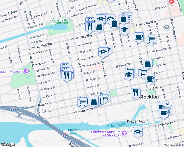 map of restaurants, bars, coffee shops, grocery stores, and more near 927 North Harrison Street in Stockton