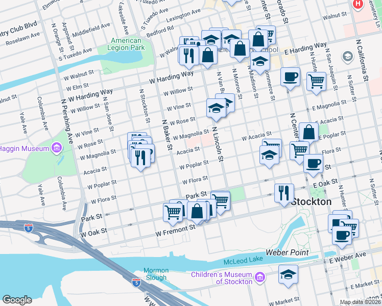 map of restaurants, bars, coffee shops, grocery stores, and more near 927 North Harrison Street in Stockton