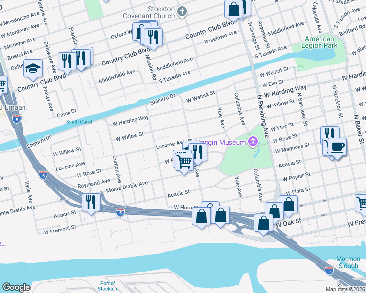 map of restaurants, bars, coffee shops, grocery stores, and more near 1822 Lucerne Avenue in Stockton
