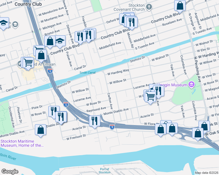 map of restaurants, bars, coffee shops, grocery stores, and more near 1324 Carlton Avenue in Stockton