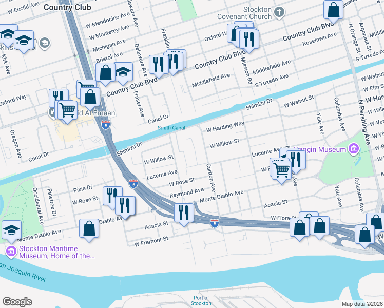 map of restaurants, bars, coffee shops, grocery stores, and more near 1327 Pelem Court in Stockton