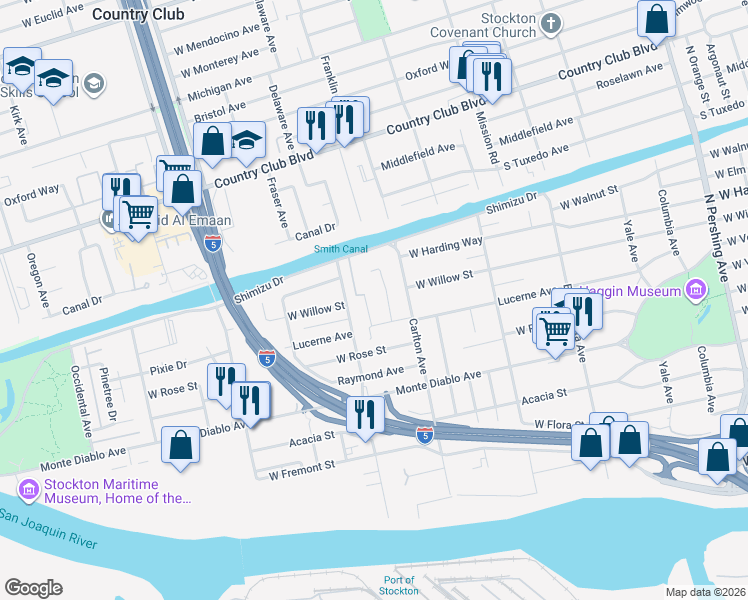 map of restaurants, bars, coffee shops, grocery stores, and more near 1327 Pelem Court in Stockton