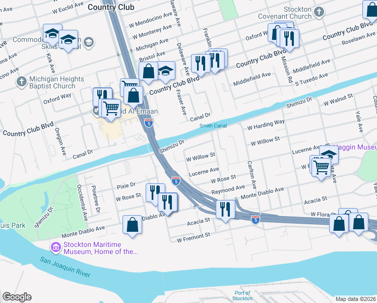 map of restaurants, bars, coffee shops, grocery stores, and more near 2401 West Willow Street in Stockton