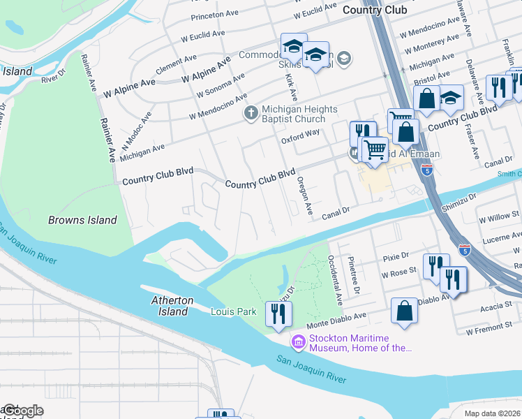 map of restaurants, bars, coffee shops, grocery stores, and more near 3287 Moreing Court in Stockton