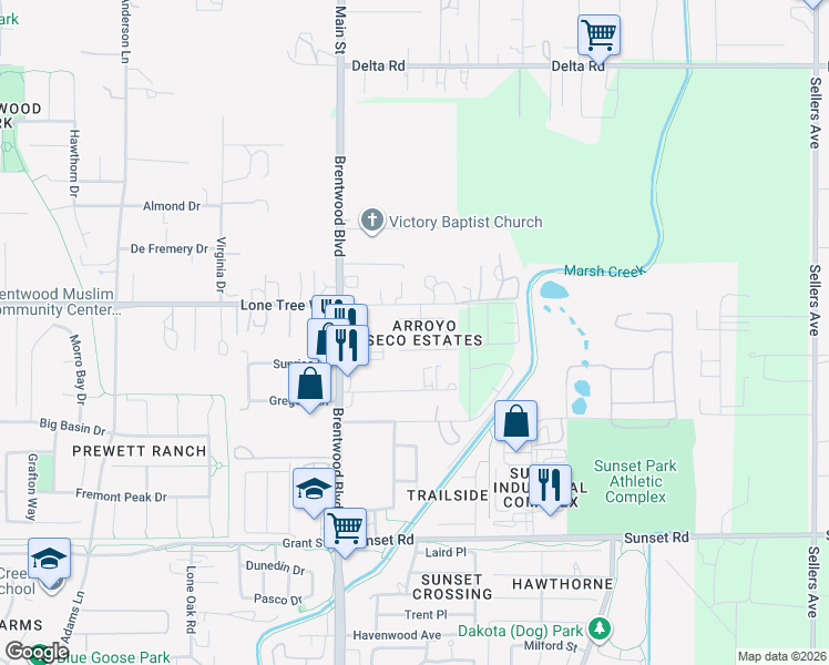 map of restaurants, bars, coffee shops, grocery stores, and more near 181 Pajarito Court in Brentwood